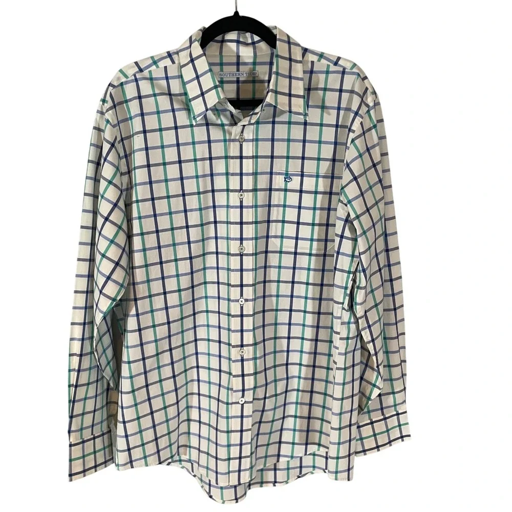 Southern Tide Mens Large Blue Green Check Long Sleeve Button Down Skipjack Shirt